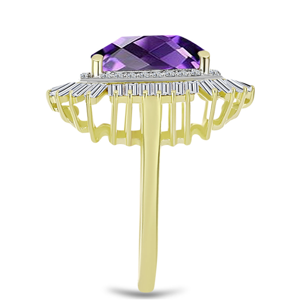 Anel de Prata com Banho de Ouro com Ametista de Marrocos e Zircão Branco  Contraste: Cabeca de Veado (800) 4 