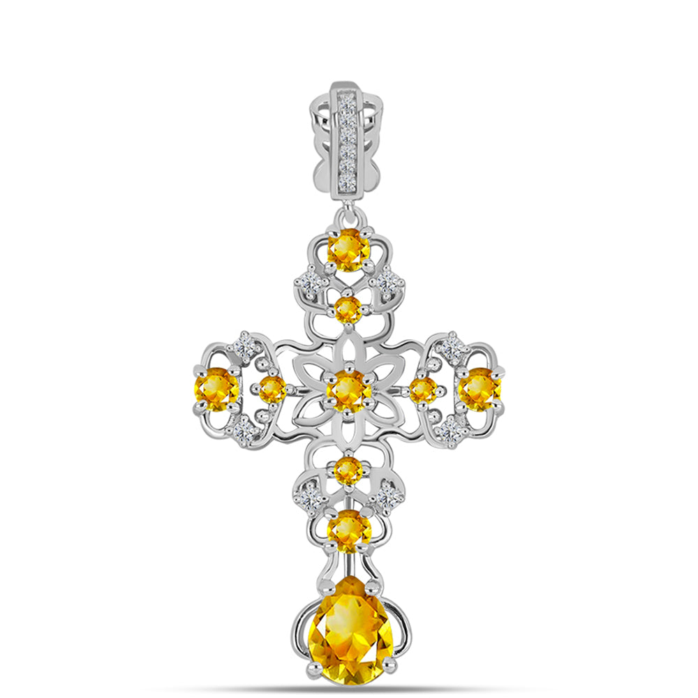 Cruz Pendente de Prata com Citrino de Ural e Topázio Branco  Contraste: Cabeca de Veado (800) 1 