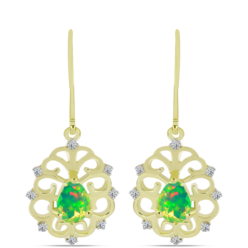 Brincos de Prata com Banho de Ouro com Opala Verde do Etíope Lega Dembi e Topázio Branco