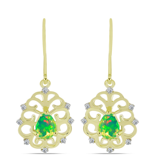 Brincos de Prata com Banho de Ouro com Opala Verde do Etíope Lega Dembi e Topázio Branco
