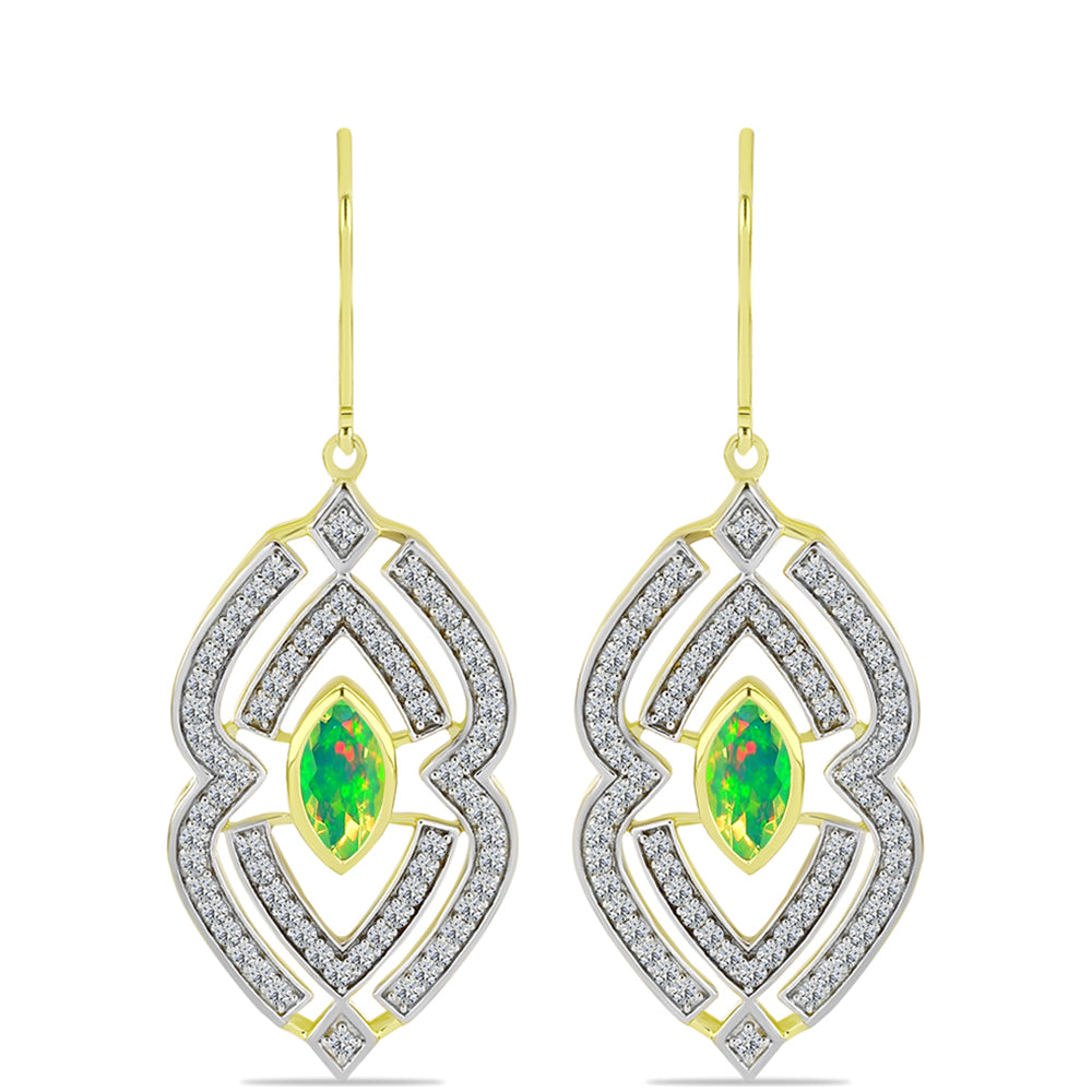 Brincos de Prata com Banho de Ouro com Opala Verde do Etíope Lega Dembi e Topázio Branco
