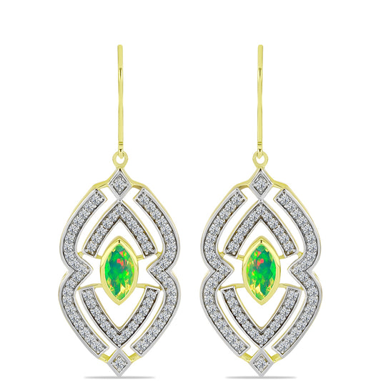 Brincos de Prata com Banho de Ouro com Opala Verde do Etíope Lega Dembi e Topázio Branco