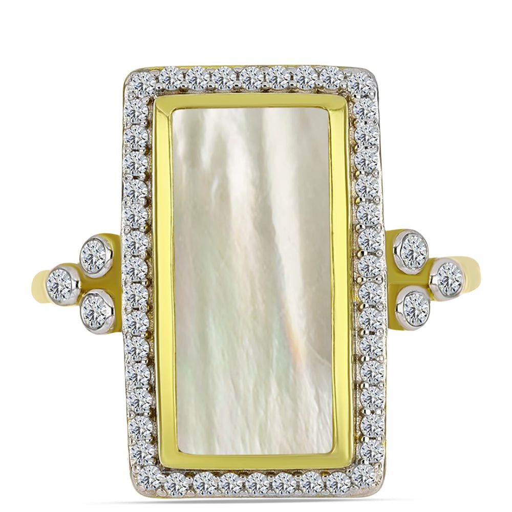 Anel de Prata com Banho de Ouro com Mãe de Pérola e Topázio Branco  Contraste: Cabeca de Veado (800) 1 
