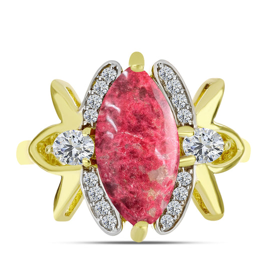 Anel de Prata com Banho de Ouro com Thulite e Topázio Branco  Contraste: Cabeca de Veado (800)