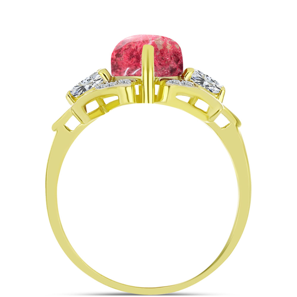 Anel de Prata com Banho de Ouro com Thulite e Topázio Branco  Contraste: Cabeca de Veado (800)