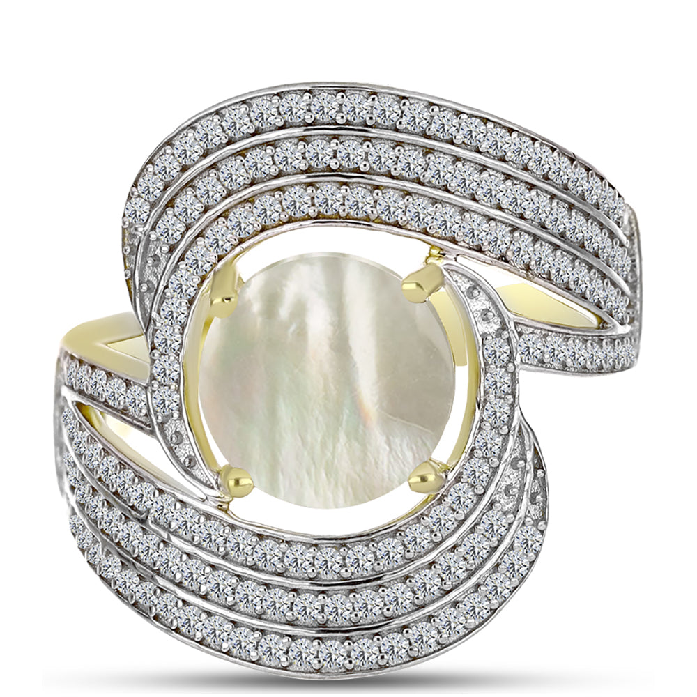 Anel de Prata com Banho de Ouro com Mãe de Pérola e Topázio Branco  Contraste: Cabeca de Veado (800)