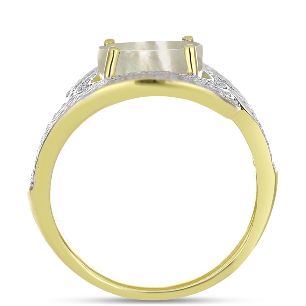 Anel de Prata com Banho de Ouro com Mãe de Pérola e Topázio Branco  Contraste: Cabeca de Veado (800) 2 