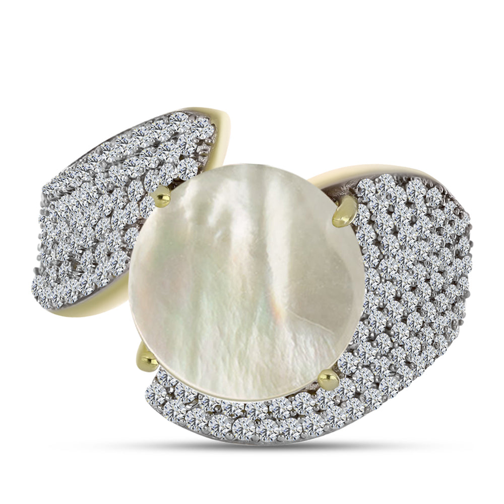 Anel de Prata com Banho de Ouro com Mãe de Pérola e Topázio Branco  Contraste: Cabeca de Veado (800) 1 