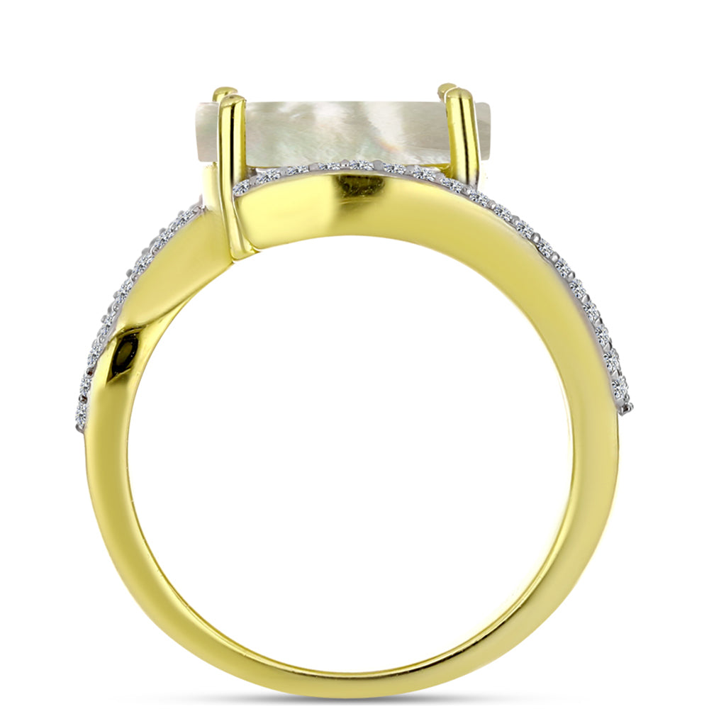 Anel de Prata com Banho de Ouro com Mãe de Pérola e Topázio Branco  Contraste: Cabeca de Veado (800) 2 