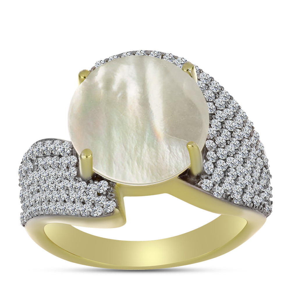 Anel de Prata com Banho de Ouro com Mãe de Pérola e Topázio Branco  Contraste: Cabeca de Veado (800)