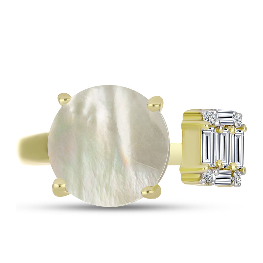 Anel de Prata com Banho de Ouro com Mãe de Pérola e Zircão Branco  Contraste: Cabeca de Veado (800)