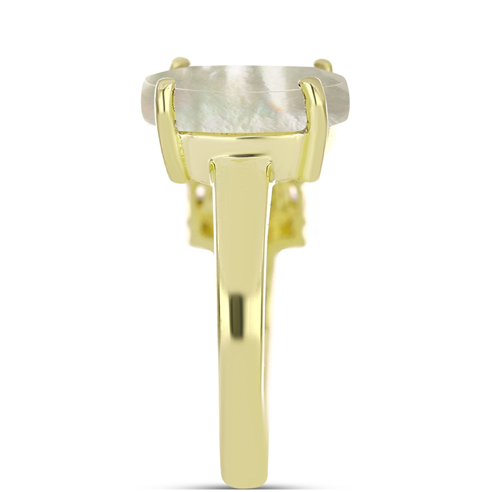 Anel de Prata com Banho de Ouro com Mãe de Pérola e Zircão Branco  Contraste: Cabeca de Veado (800) 4 