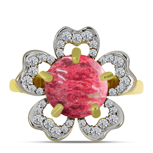 Anel de Prata com Banho de Ouro com Thulite e Topázio Branco  Contraste: Cabeca de Veado (800)