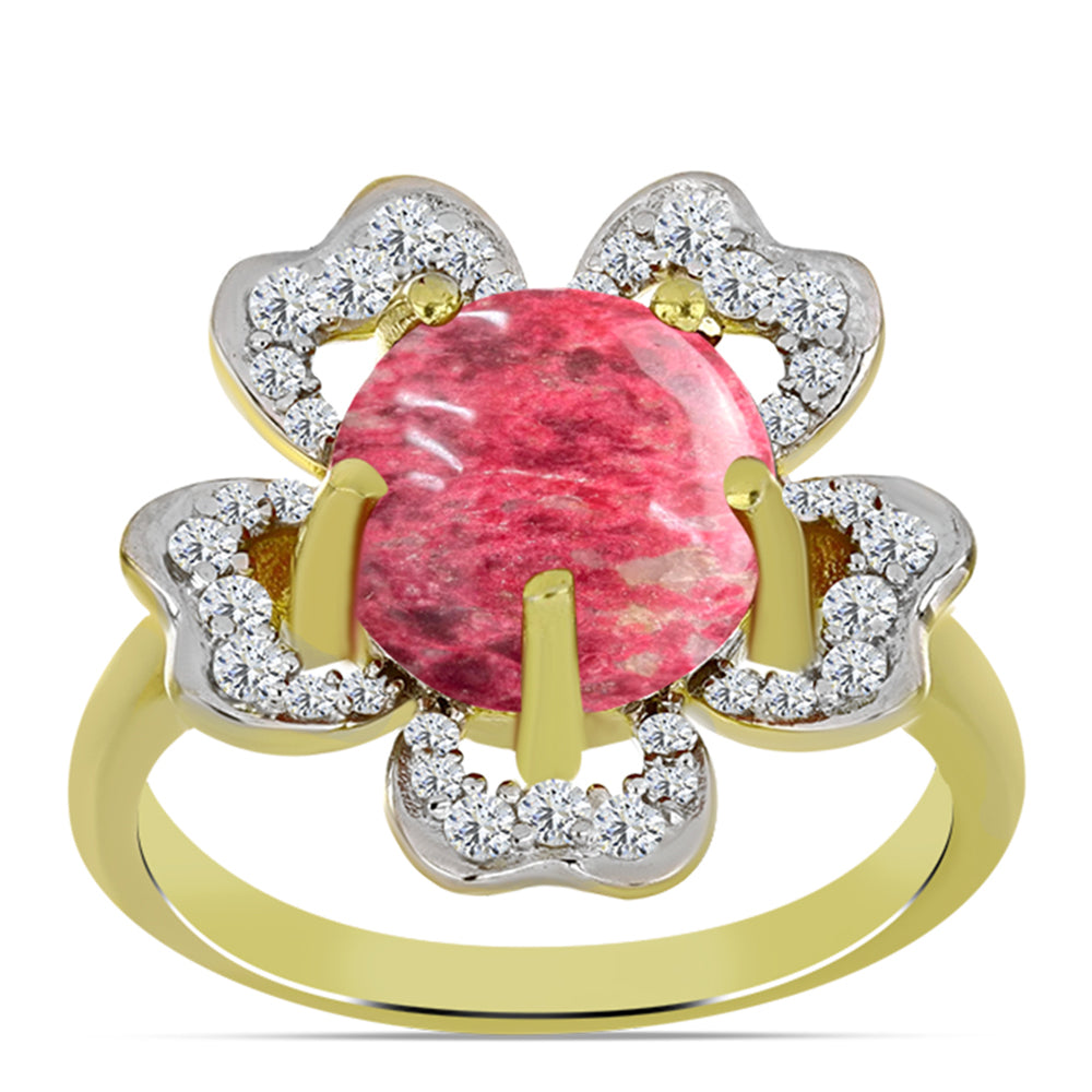Anel de Prata com Banho de Ouro com Thulite e Topázio Branco  Contraste: Cabeca de Veado (800)