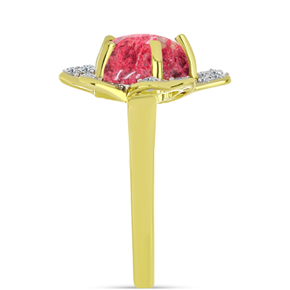 Anel de Prata com Banho de Ouro com Thulite e Topázio Branco  Contraste: Cabeca de Veado (800)