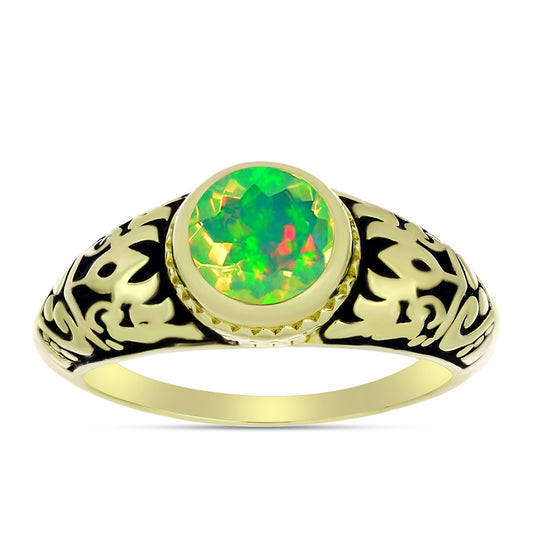 Anel de Prata com Banho de Ouro com Opala Verde do Etíope Lega Dembi  Contraste: Cabeca de Veado (800)