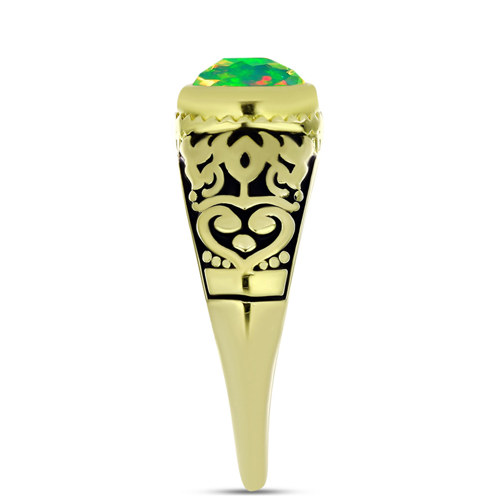 Anel de Prata com Banho de Ouro com Opala Verde do Etíope Lega Dembi  Contraste: Cabeca de Veado (800)