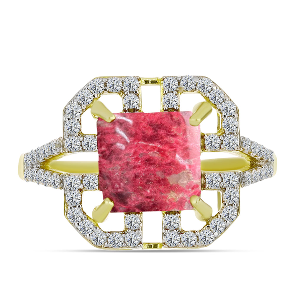 Anel de Prata com Banho de Ouro com Thulite e Topázio Branco  Contraste: Cabeca de Veado (800) 1 