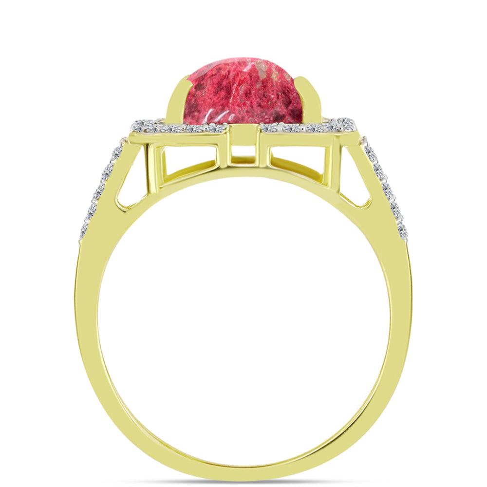 Anel de Prata com Banho de Ouro com Thulite e Topázio Branco  Contraste: Cabeca de Veado (800)