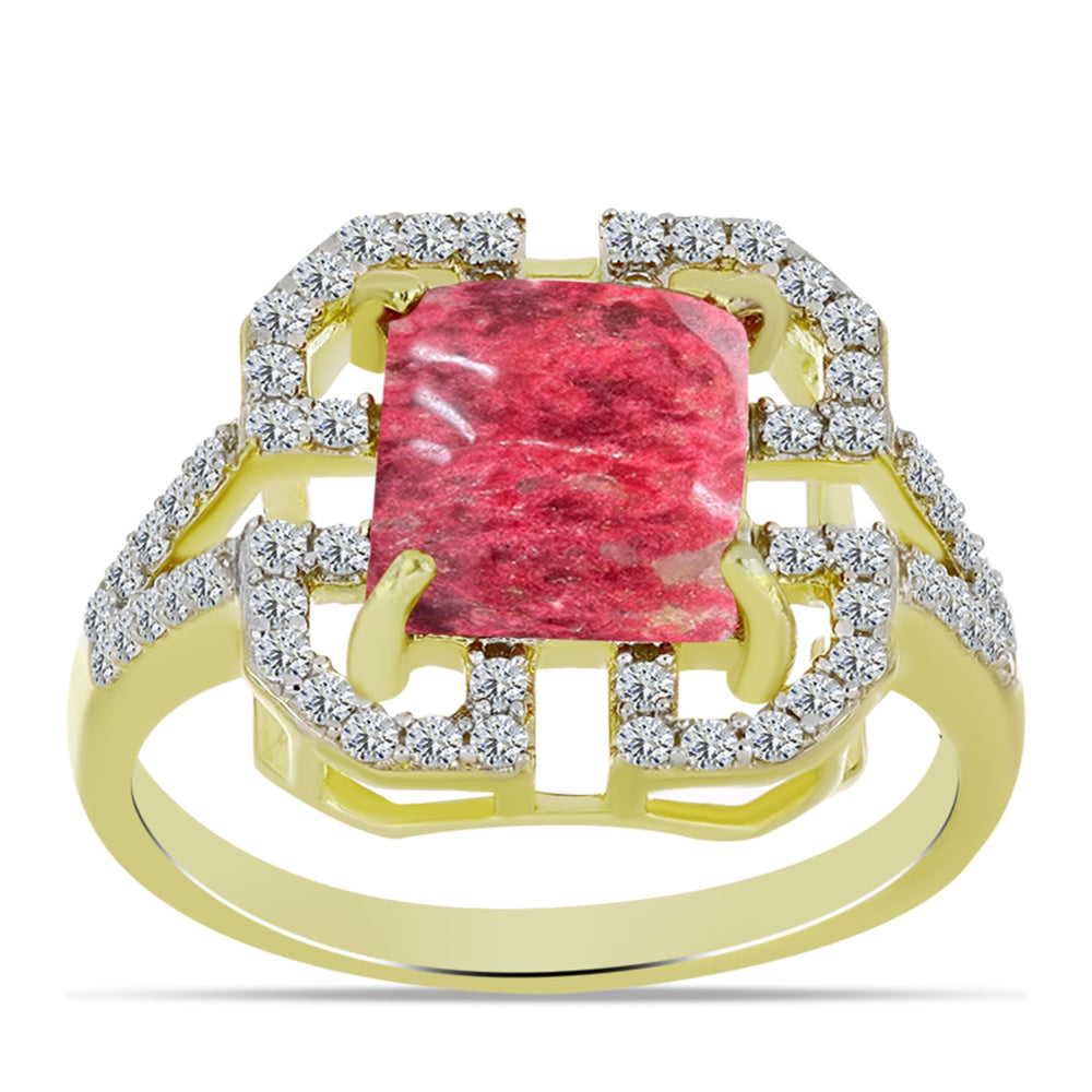 Anel de Prata com Banho de Ouro com Thulite e Topázio Branco  Contraste: Cabeca de Veado (800) 3 