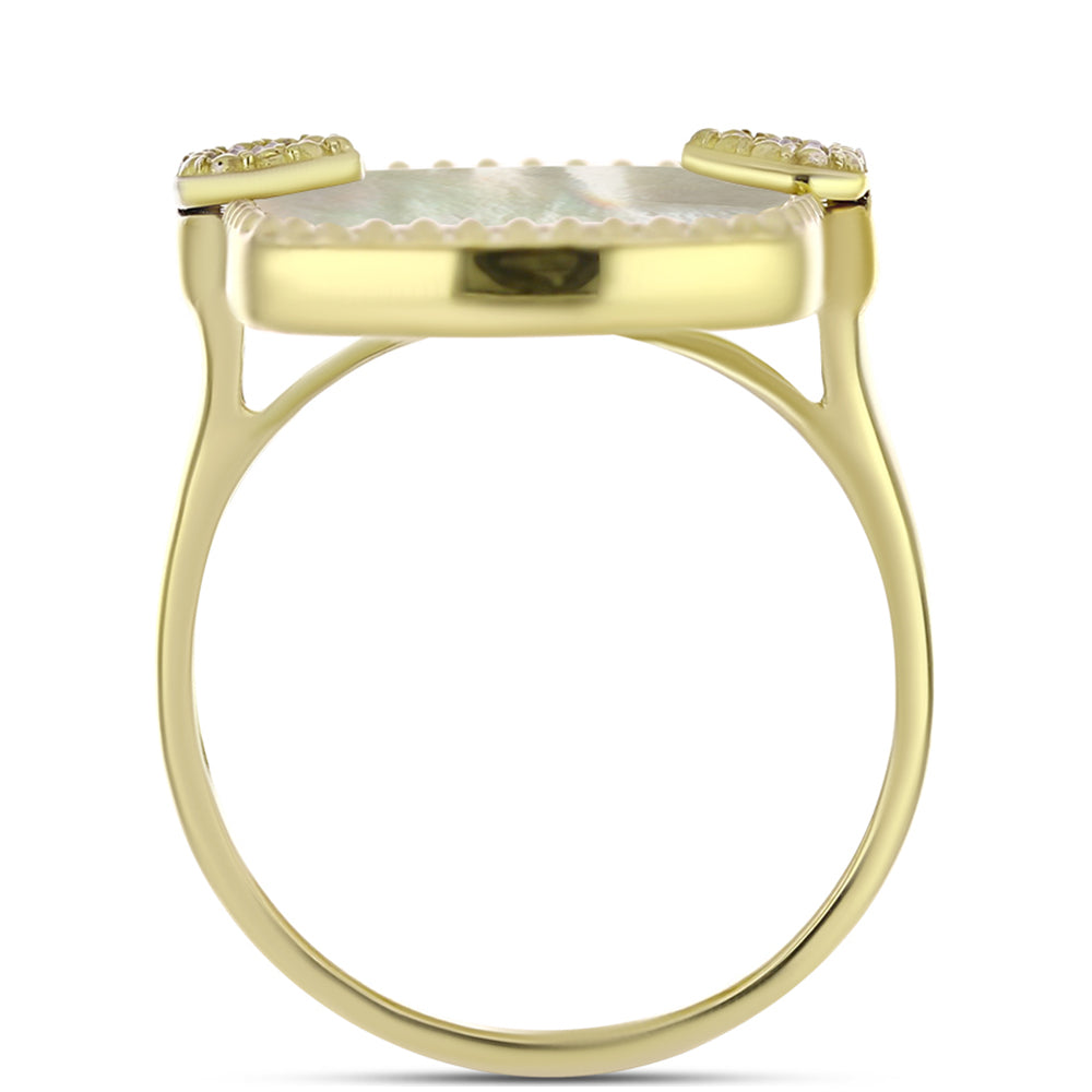 Anel de Prata com Banho de Ouro com Mãe de Pérola e Topázio Branco  Contraste: Cabeca de Veado (800)