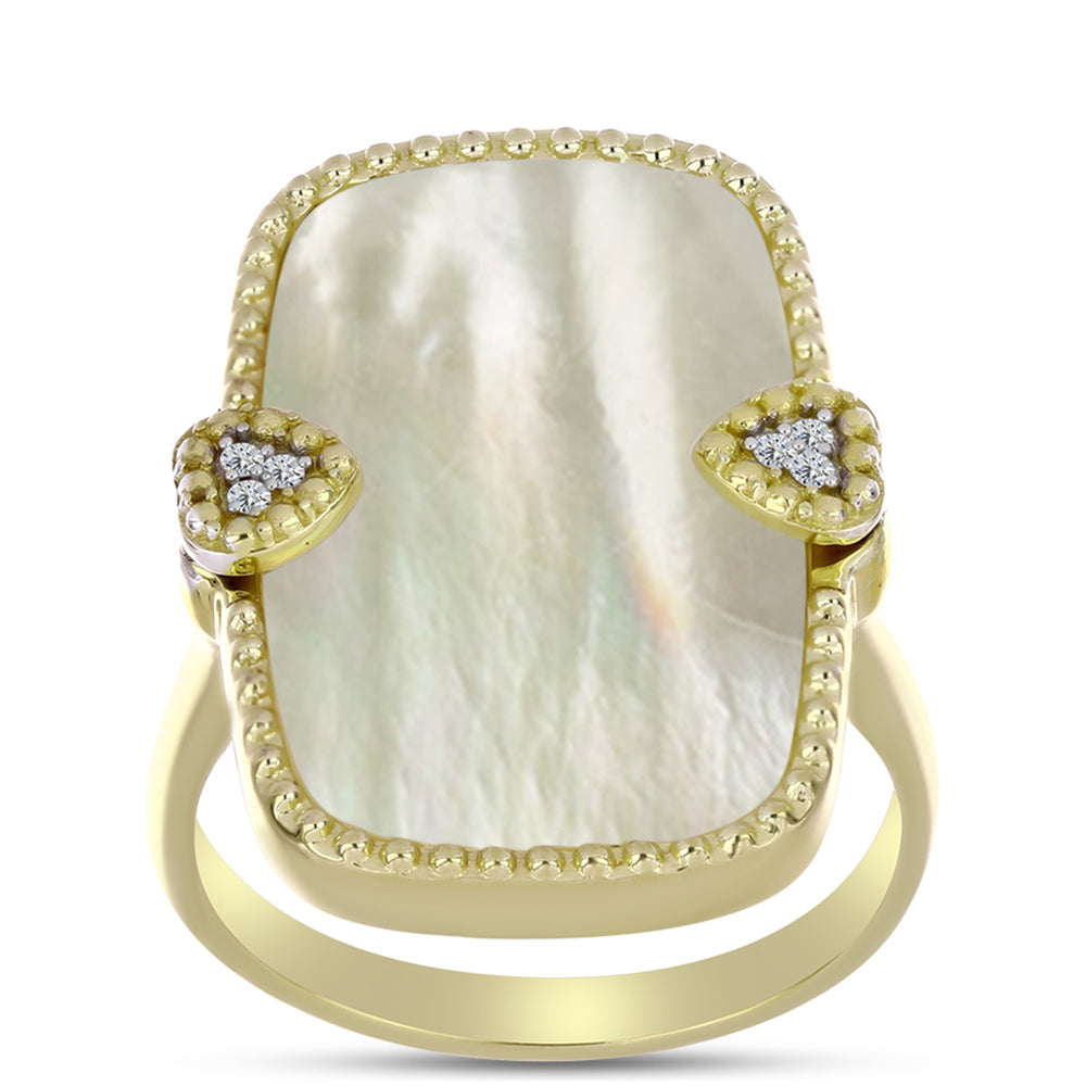 Anel de Prata com Banho de Ouro com Mãe de Pérola e Topázio Branco  Contraste: Cabeca de Veado (800)