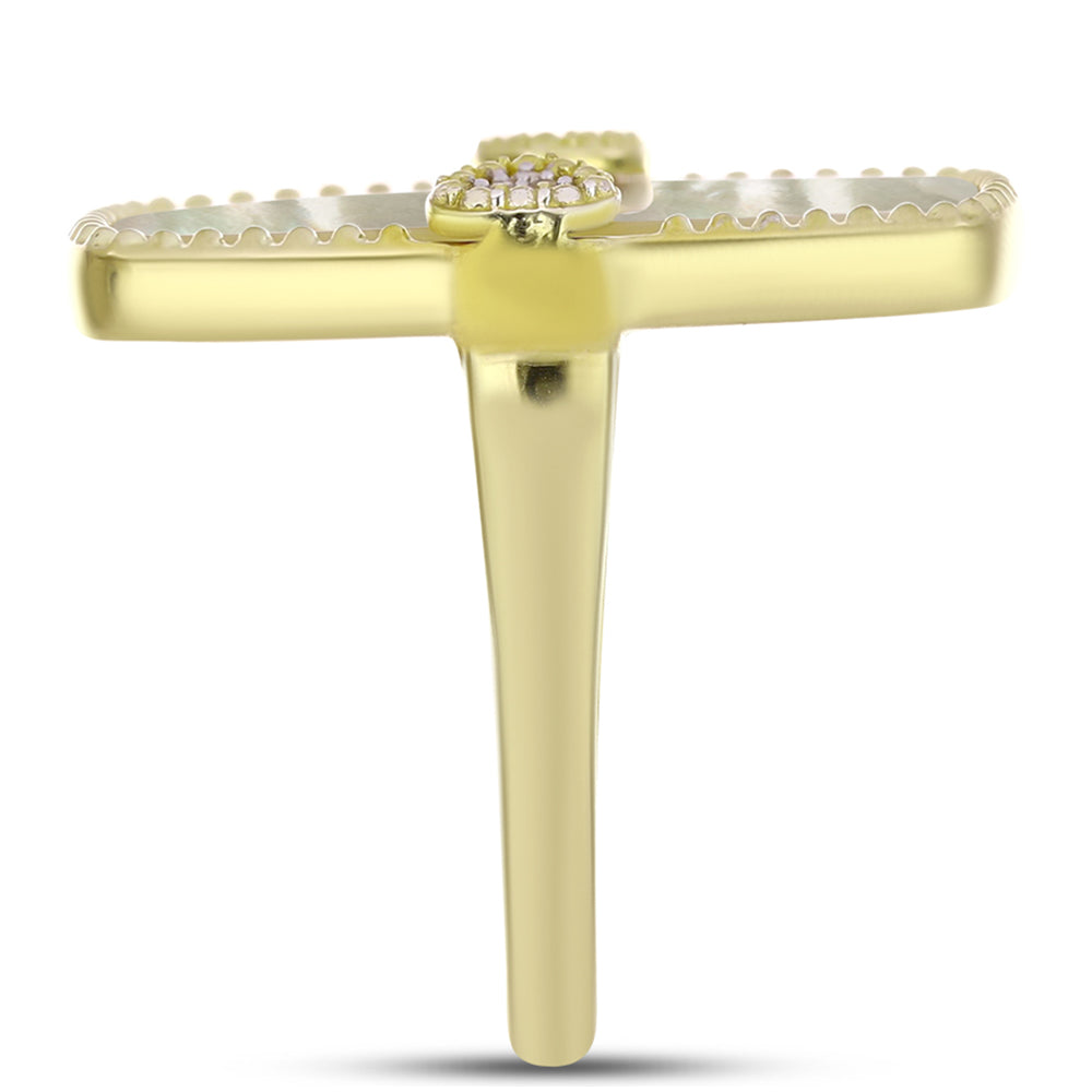 Anel de Prata com Banho de Ouro com Mãe de Pérola e Topázio Branco  Contraste: Cabeca de Veado (800) 4 