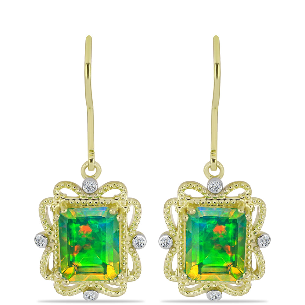 Brincos de Prata com Banho de Ouro com Opala Verde do Etíope Lega Dembi e Topázio Branco
