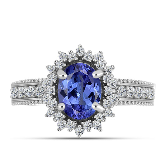 Anel de Prata com Tanzanite AAA e Topázio Branco  Contraste: Cabeca de Veado (800)