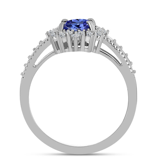 Anel de Prata com Tanzanite AAA e Topázio Branco  Contraste: Cabeca de Veado (800)