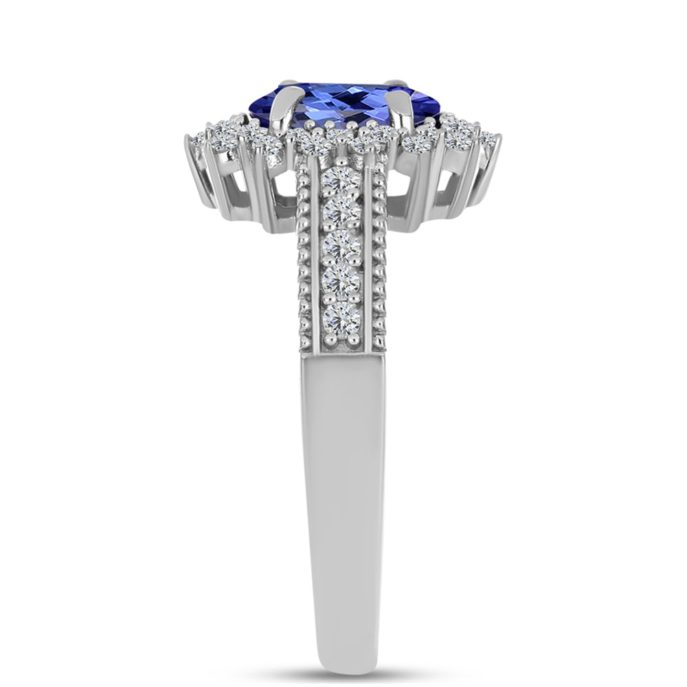 Anel de Prata com Tanzanite AAA e Topázio Branco  Contraste: Cabeca de Veado (800)