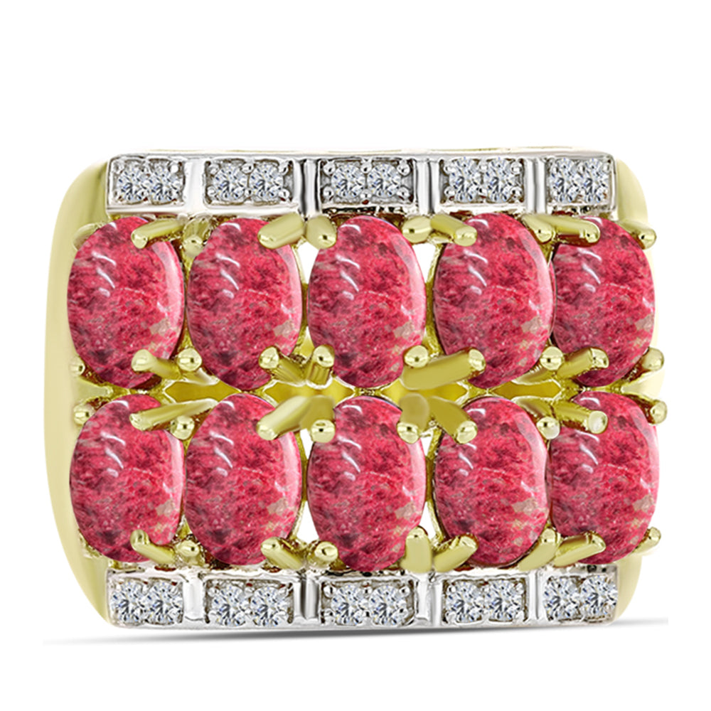 Anel de Prata com Banho de Ouro com Thulite e Topázio Branco  Contraste: Cabeca de Veado (800) 1 