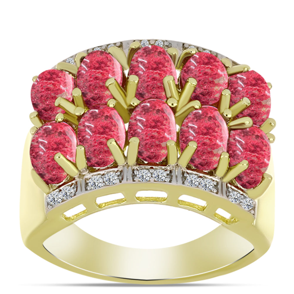 Anel de Prata com Banho de Ouro com Thulite e Topázio Branco  Contraste: Cabeca de Veado (800)