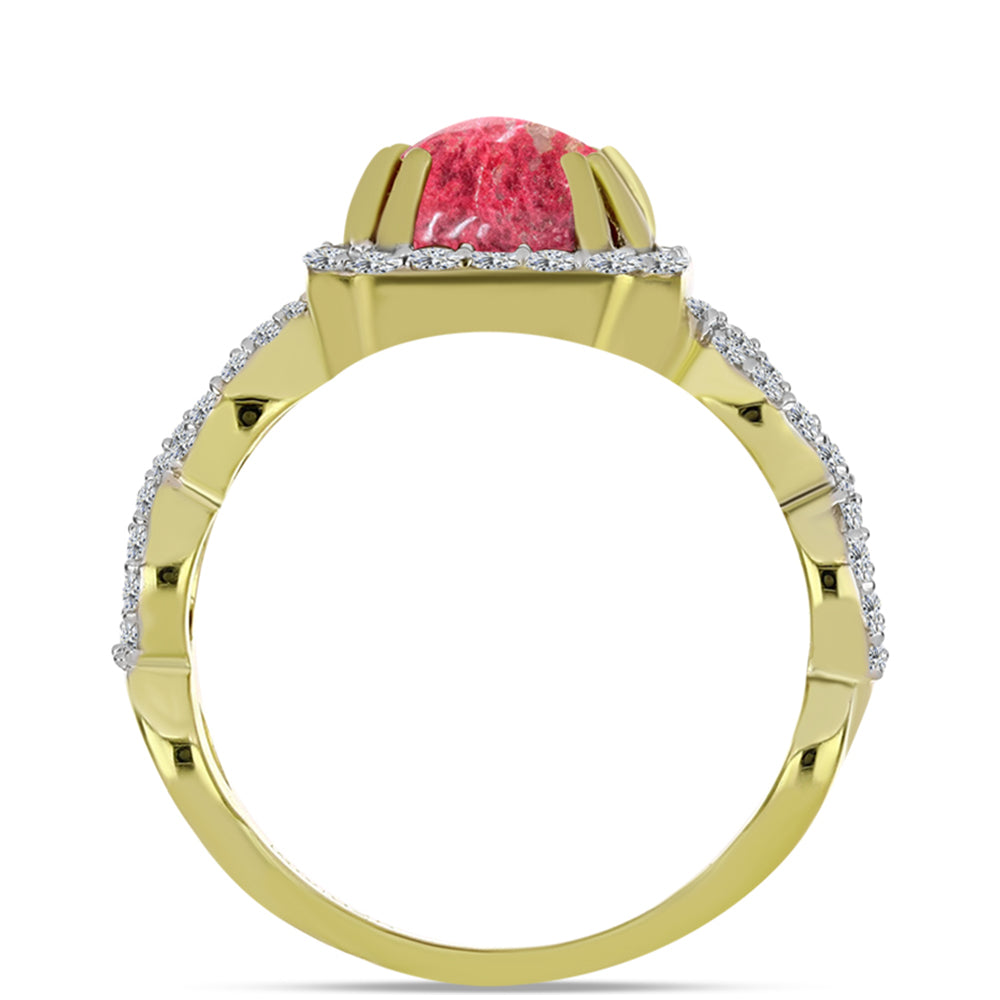 Anel de Prata com Banho de Ouro com Thulite e Topázio Branco  Contraste: Cabeca de Veado (800)