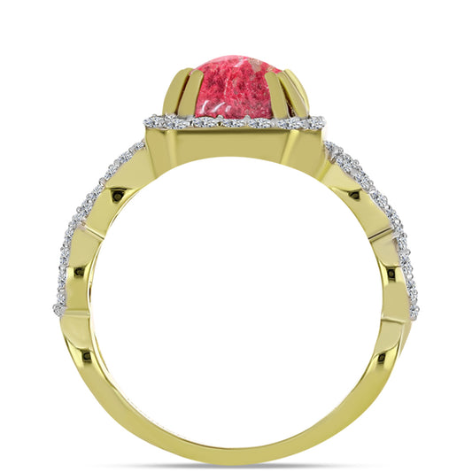 Anel de Prata com Banho de Ouro com Thulite e Topázio Branco  Contraste: Cabeca de Veado (800)