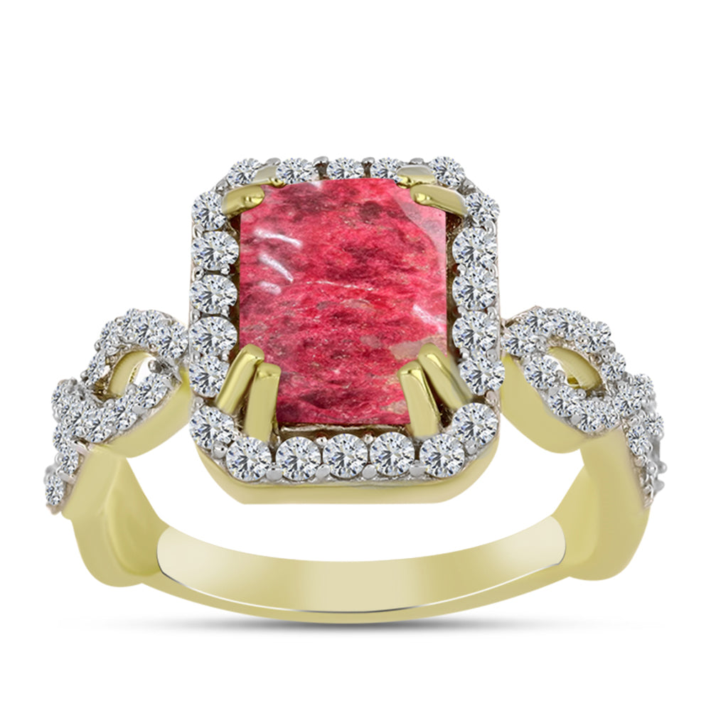 Anel de Prata com Banho de Ouro com Thulite e Topázio Branco  Contraste: Cabeca de Veado (800)