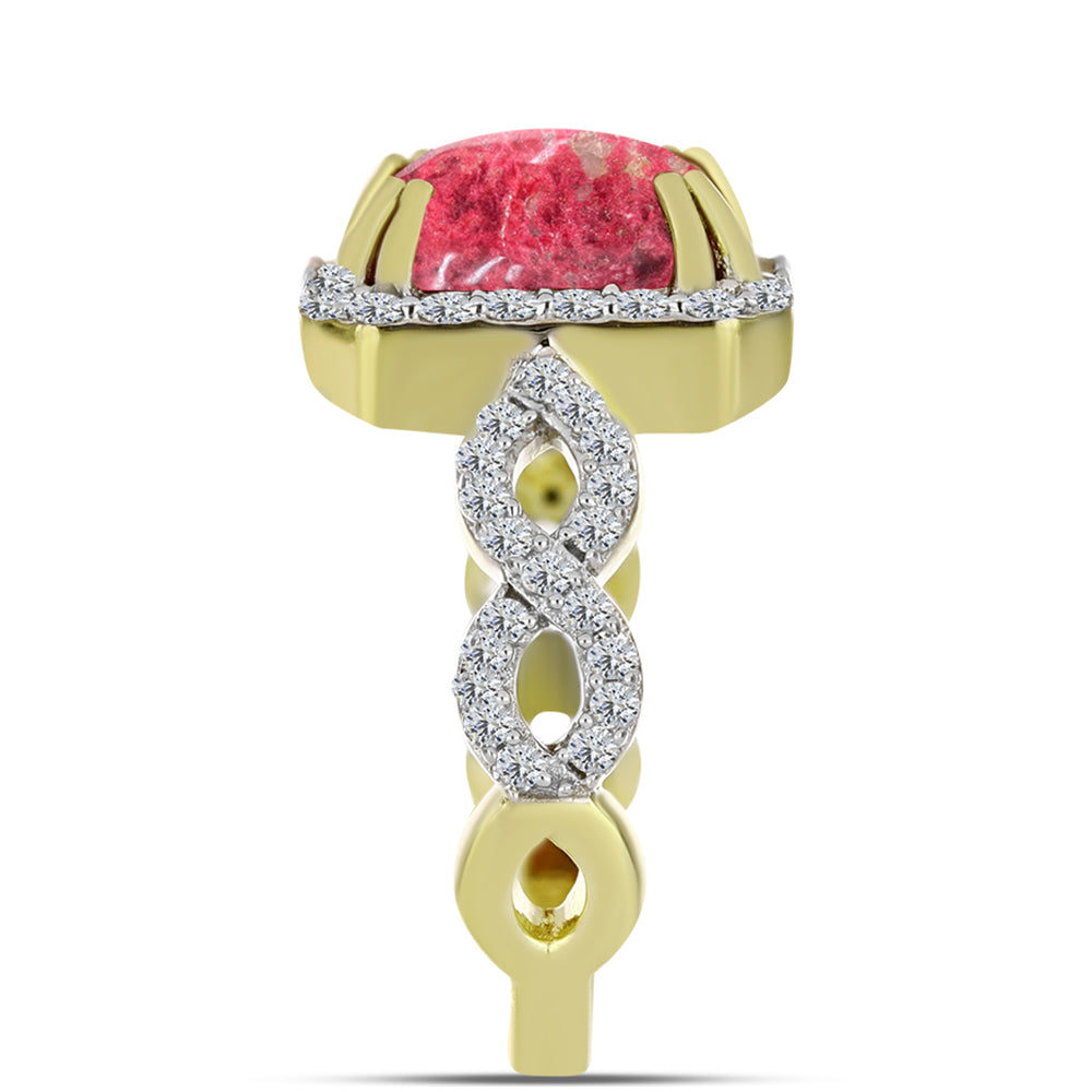 Anel de Prata com Banho de Ouro com Thulite e Topázio Branco  Contraste: Cabeca de Veado (800)