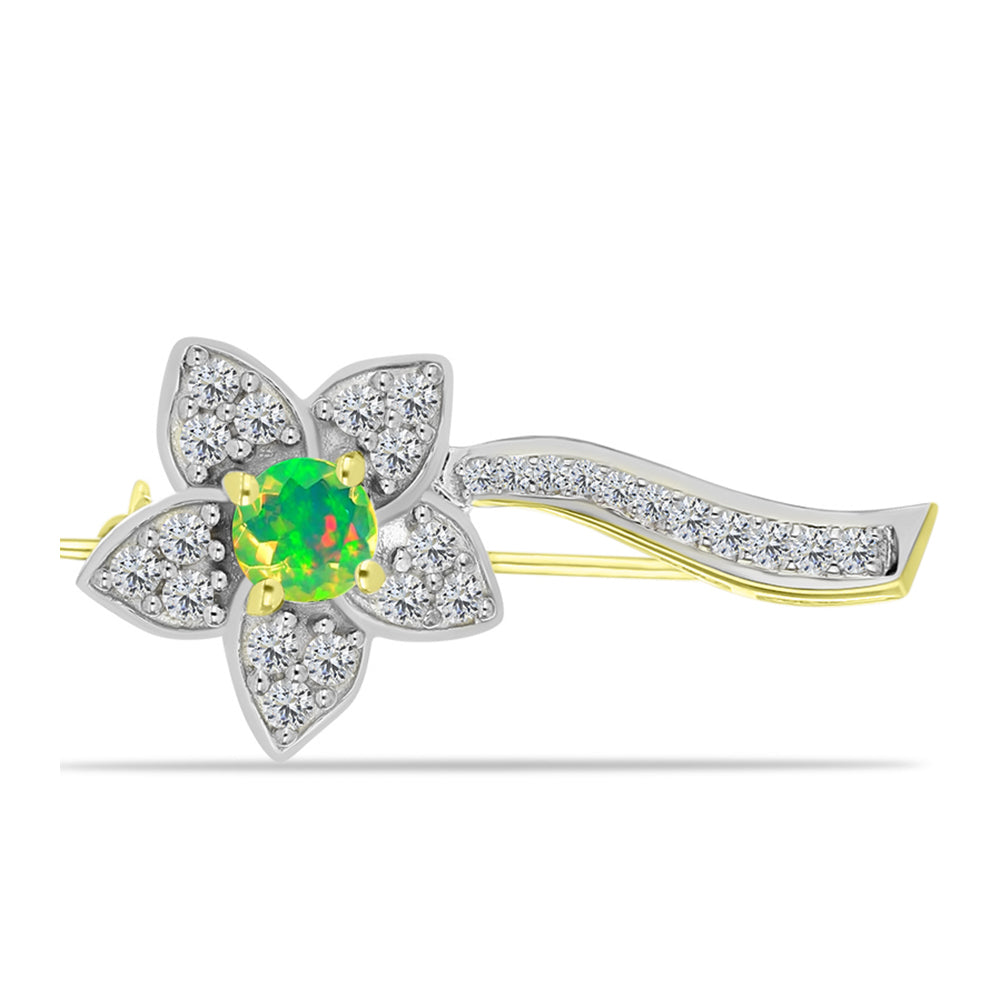 Alfinete de Prata com Banho de Ouro com Opala Verde do Etíope Lega Dembi e Topázio Branco  Contraste: Cabeca de Veado (800)