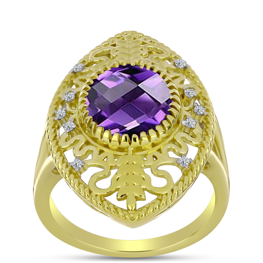 Anel de Prata com Banho de Ouro com Ametista de Marrocos e Topázio Branco  Contraste: Cabeca de Veado (800) 3 