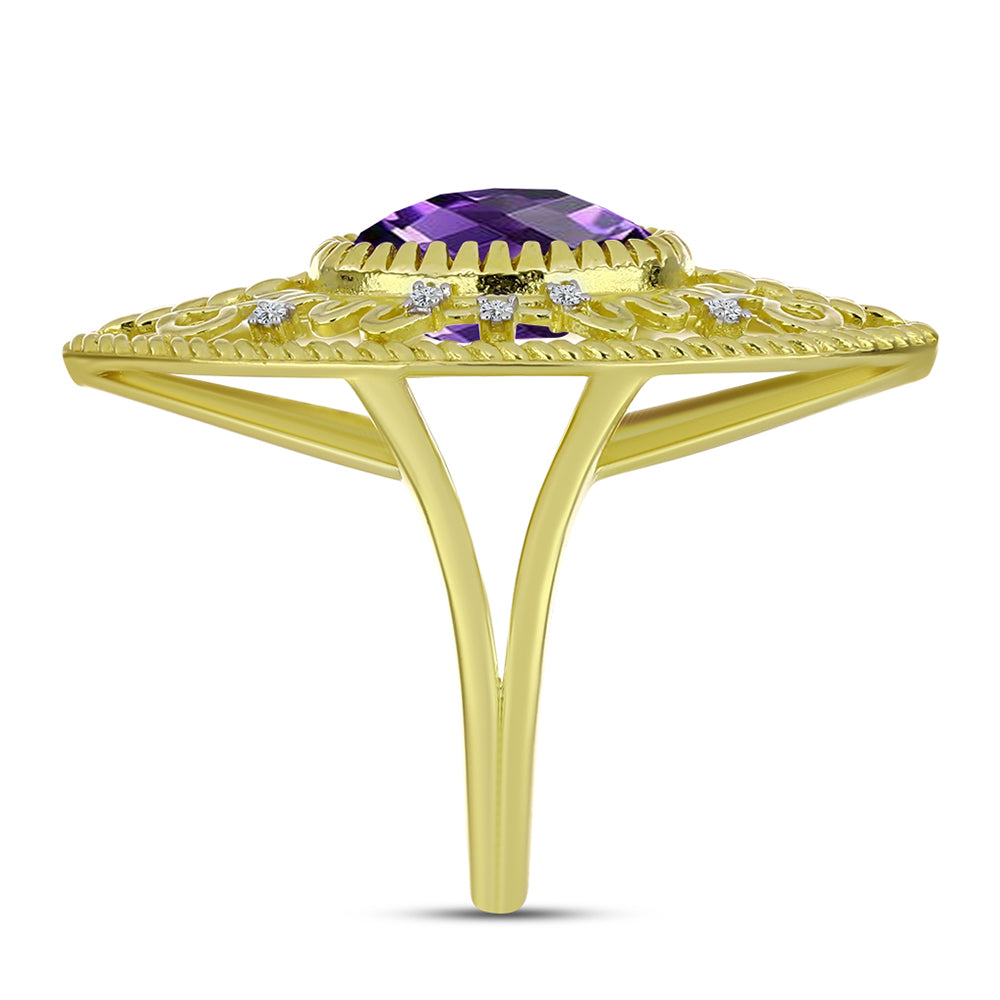Anel de Prata com Banho de Ouro com Ametista de Marrocos e Topázio Branco  Contraste: Cabeca de Veado (800) 4 