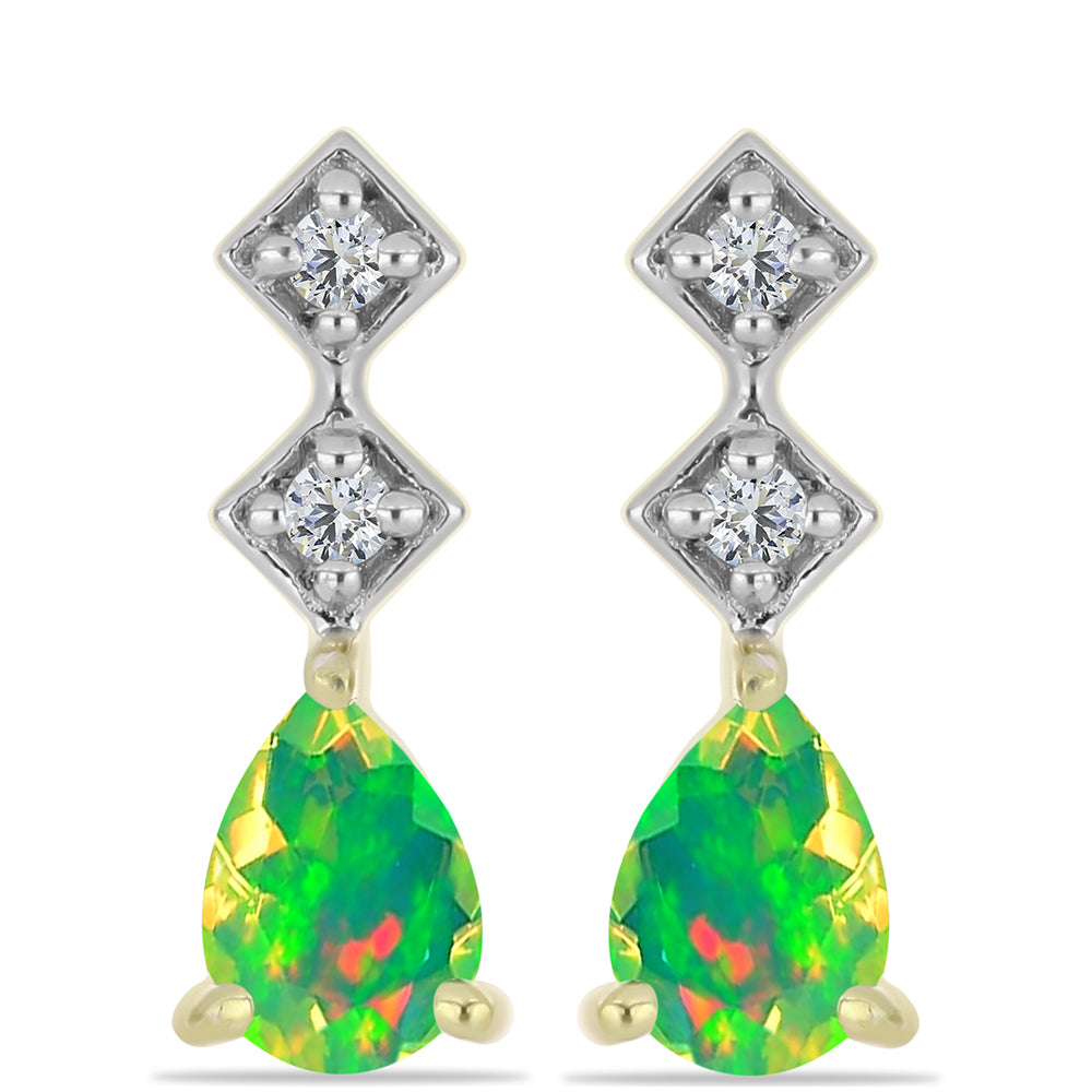 Brincos de Prata com Banho de Ouro com Opala Verde do Etíope Lega Dembi e Topázio Branco