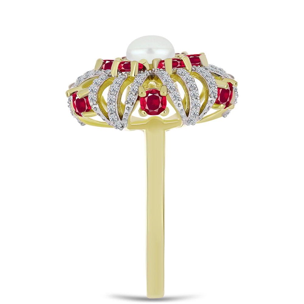 Anel de Prata com Banho de Ouro com Rubi de Madagáscar e Pérola Branca de Água Doce  Contraste: Cabeca de Veado (800)