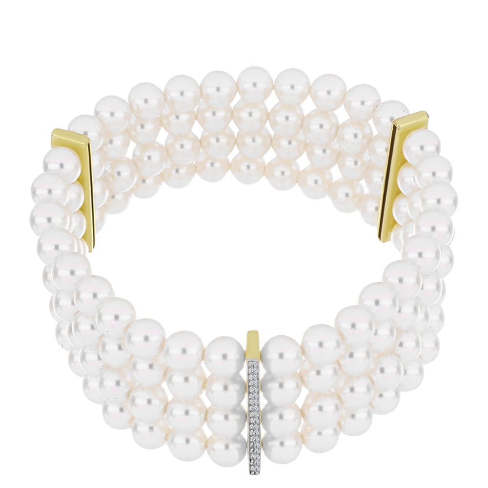 Pulseira de Prata com Banho de Ouro com Pérola Branca de Água Doce e Topázio Branco  Contraste: Cabeca de Veado (800)
