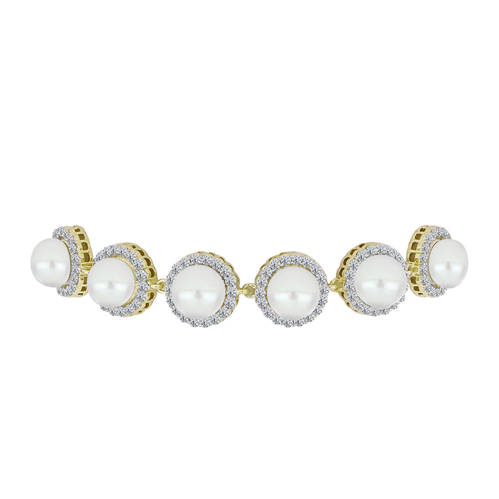 Pulseira de Prata com Banho de Ouro com Pérola Branca de Água Doce e Topázio Branco  Contraste: Cabeca de Veado (800)