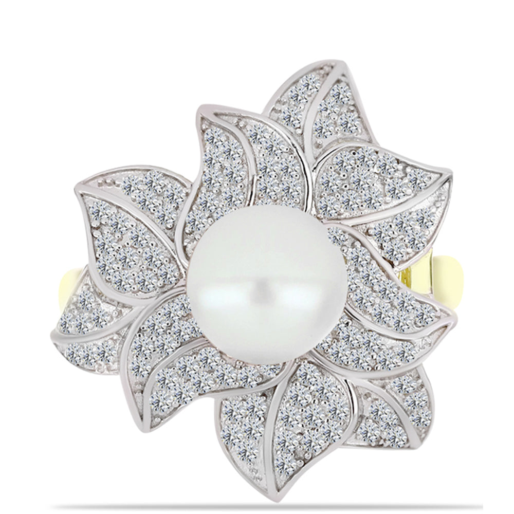 Anel de Prata com Banho de Ouro com Pérola Branca de Água Doce e Topázio Branco  Contraste: Cabeca de Veado (800) 1 