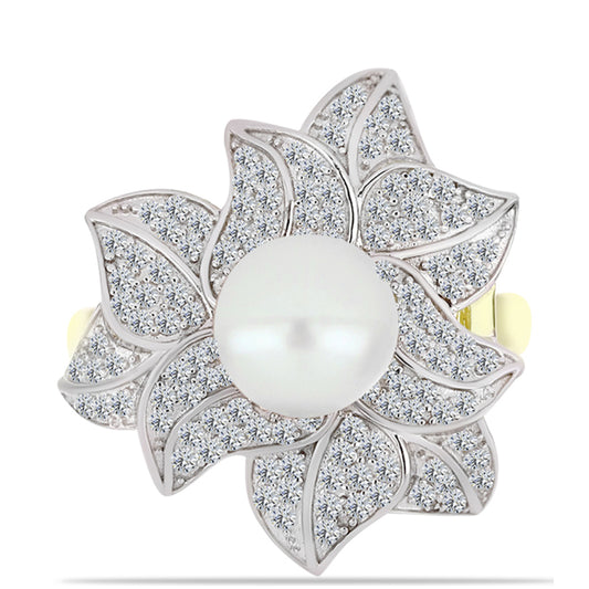 Anel de Prata com Banho de Ouro com Pérola Branca de Água Doce e Topázio Branco  Contraste: Cabeca de Veado (800)
