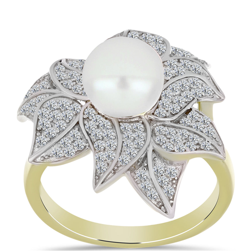 Anel de Prata com Banho de Ouro com Pérola Branca de Água Doce e Topázio Branco  Contraste: Cabeca de Veado (800) 3 