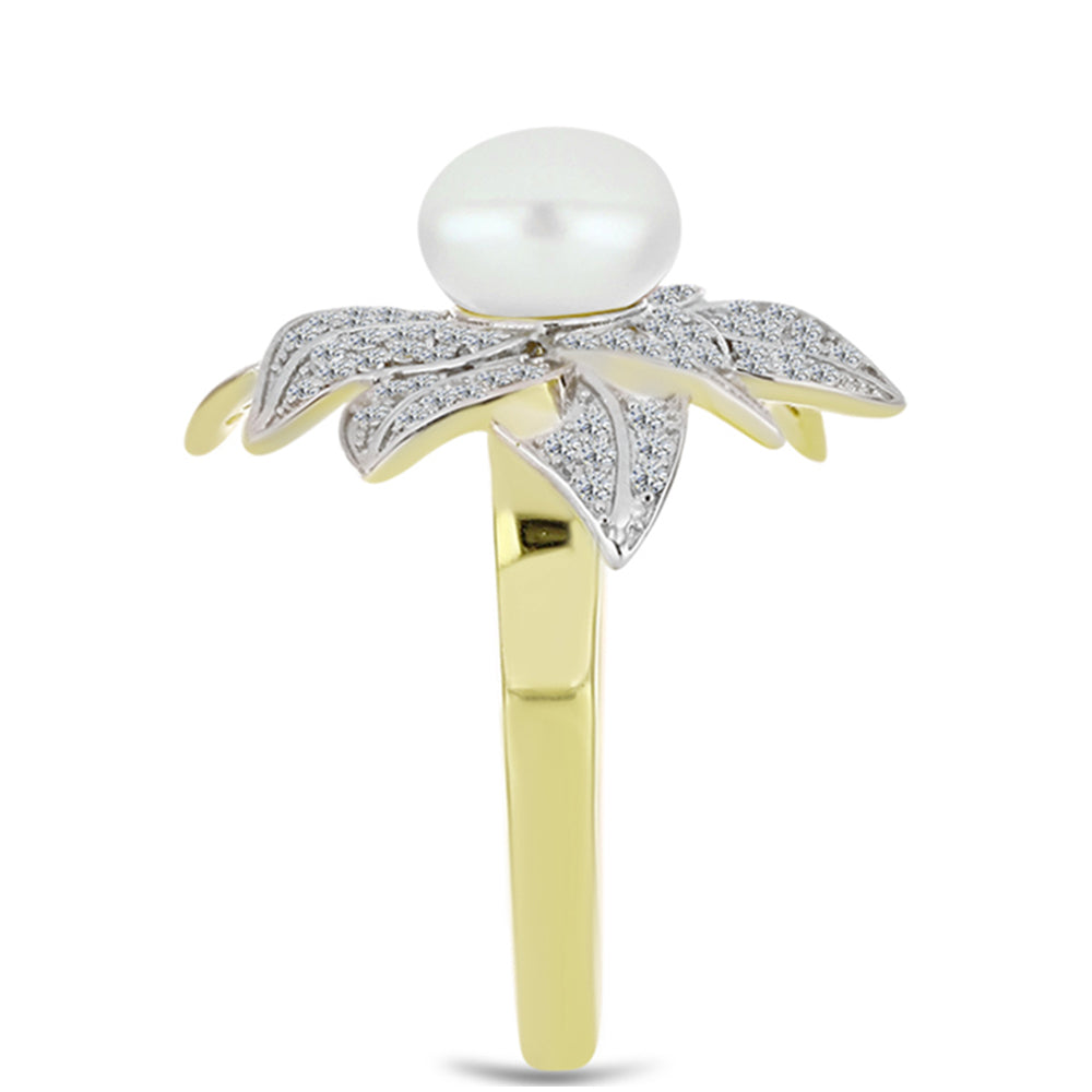 Anel de Prata com Banho de Ouro com Pérola Branca de Água Doce e Topázio Branco  Contraste: Cabeca de Veado (800) 4 