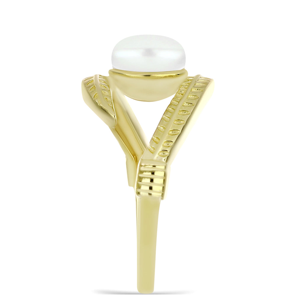 Anel de Prata com Banho de Ouro com Pérola Branca de Água Doce  Contraste: Cabeca de Veado (800) 4 