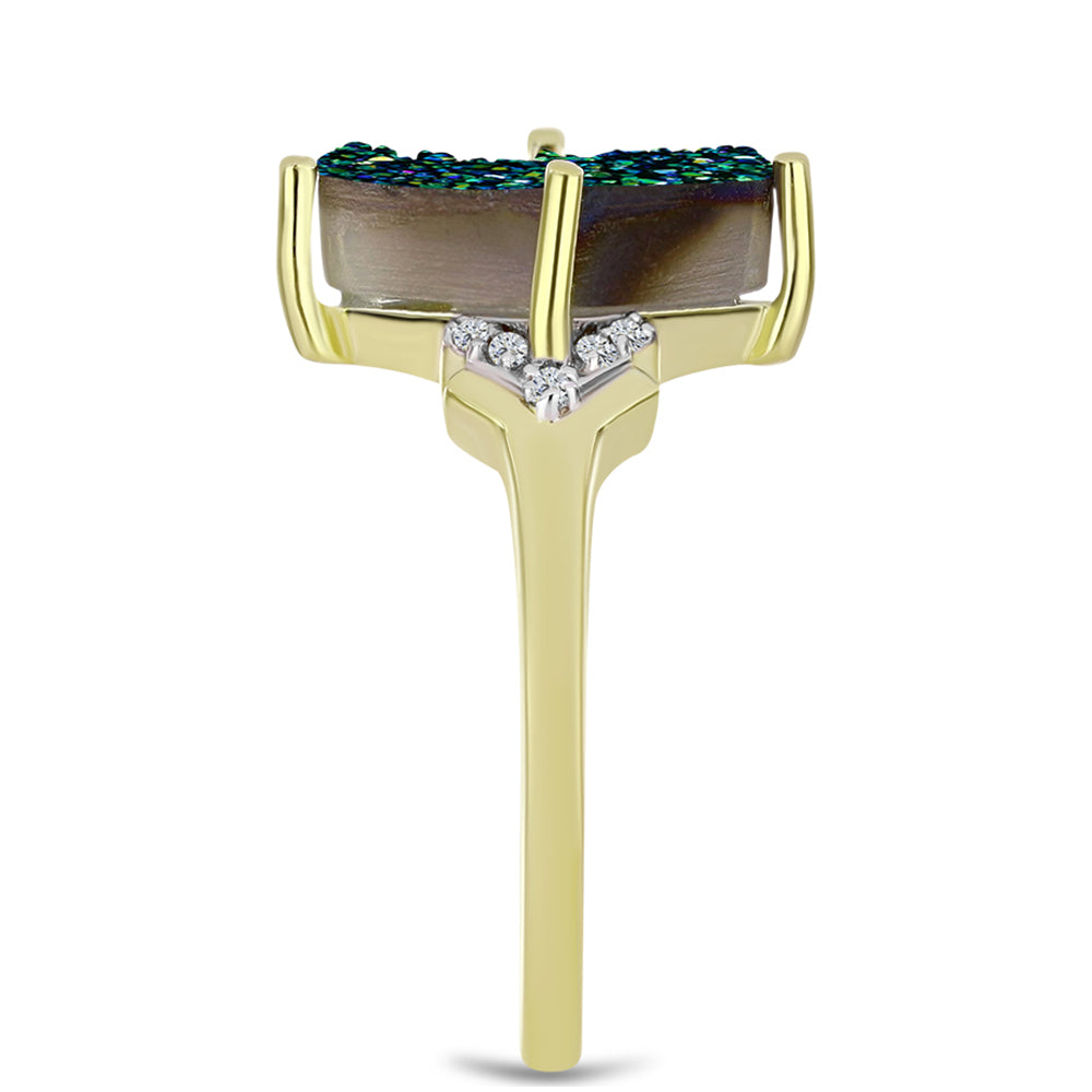 Anel de Prata com Banho de Ouro com Drusy Verde e Topázio Branco